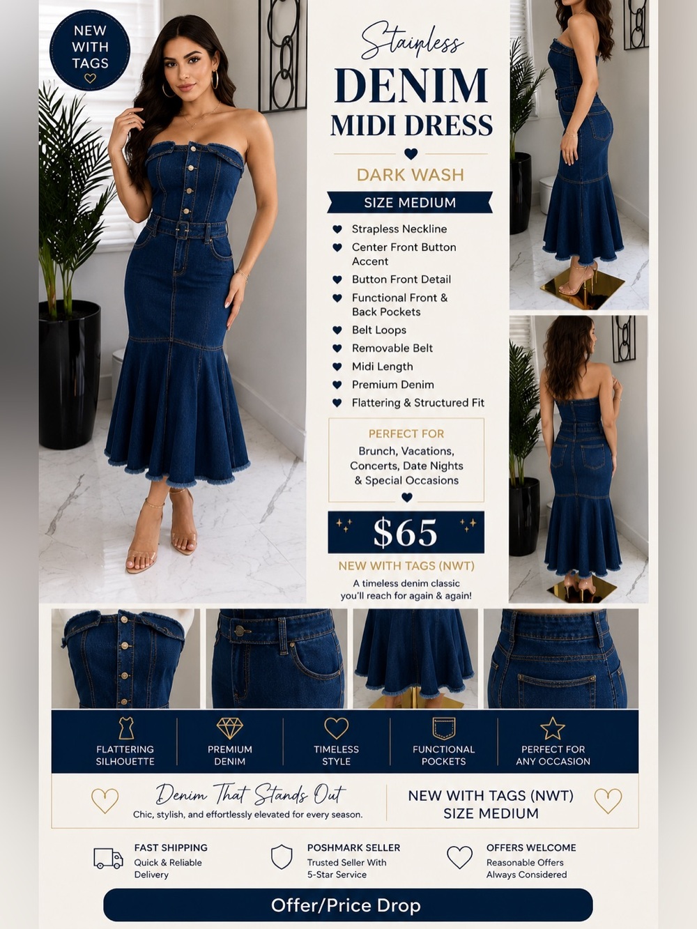 Dark Wash Strapless Denim Midi Skirt Dress